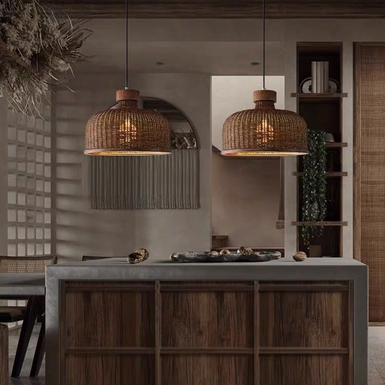 Traditionelle chinesische Trommel Rattan Eisen 1-Licht Pendelleuchte für Wohnzimmer 