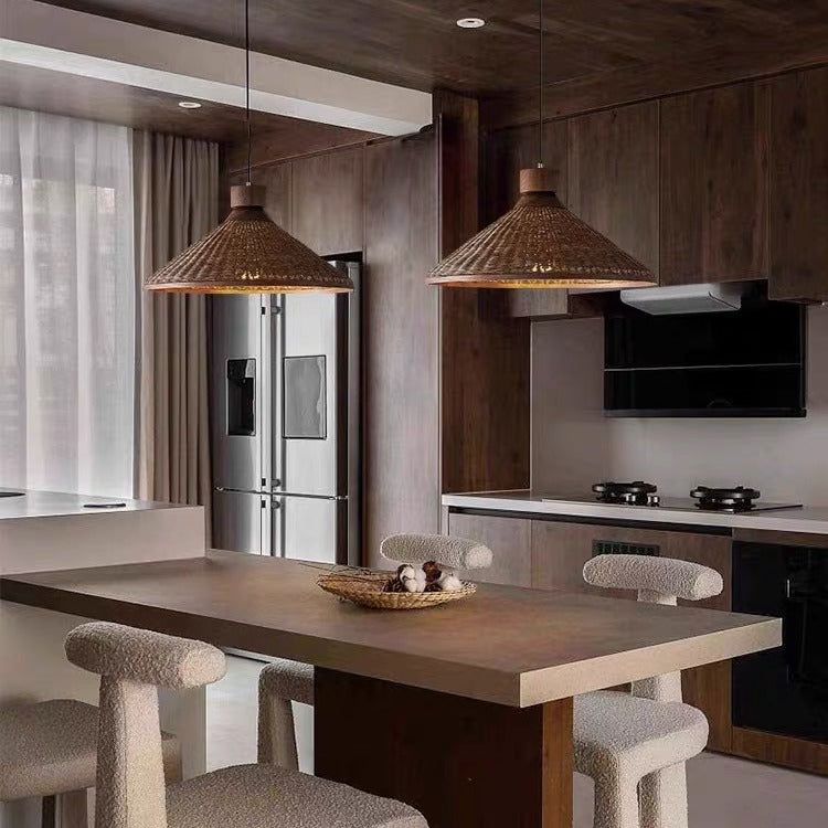 Traditionelle chinesische Trommel Rattan Eisen 1-Licht Pendelleuchte für Wohnzimmer 
