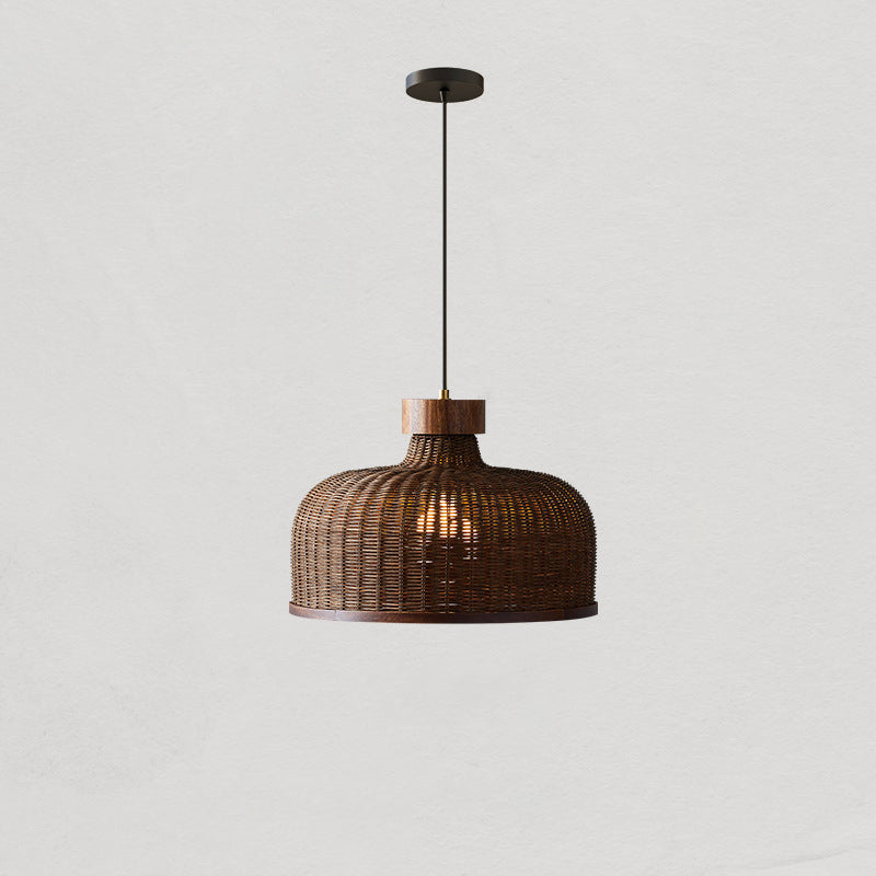 Traditionelle chinesische Trommel Rattan Eisen 1-Licht Pendelleuchte für Wohnzimmer 
