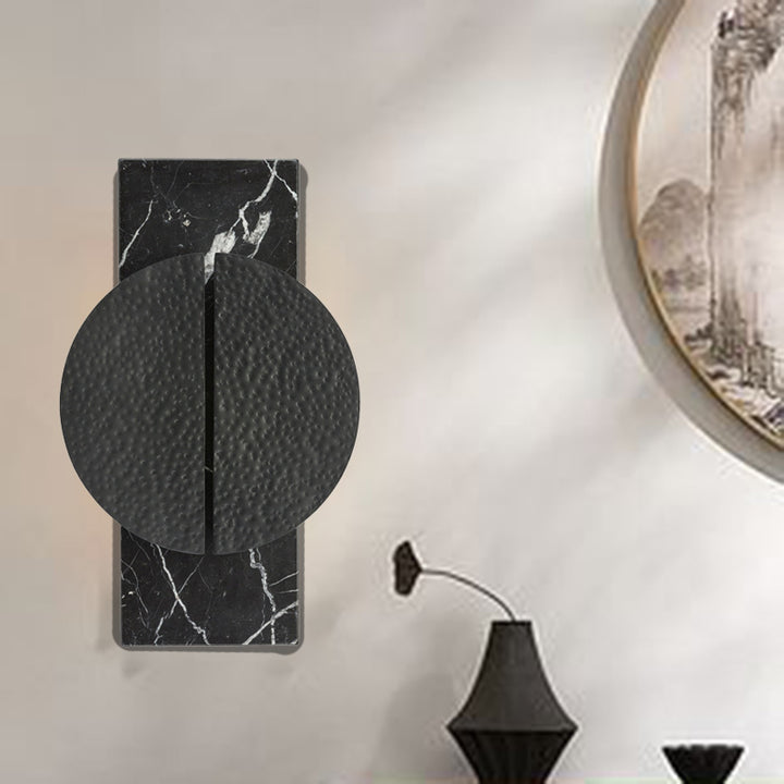 Lámpara Aplique de Pared de Mármol Redondo Chino Tradicional de 2 Luces de Cobre para Sala de Estar 