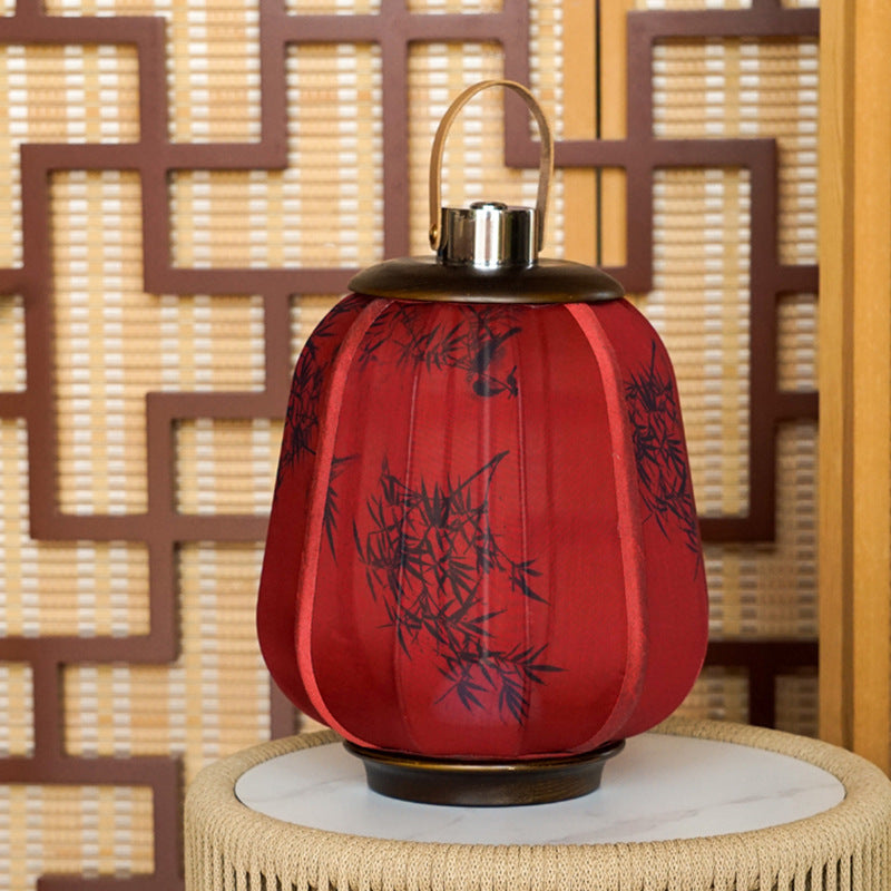 Lampe de table LED en tissu de bois cylindrique chinois traditionnel pour salon 