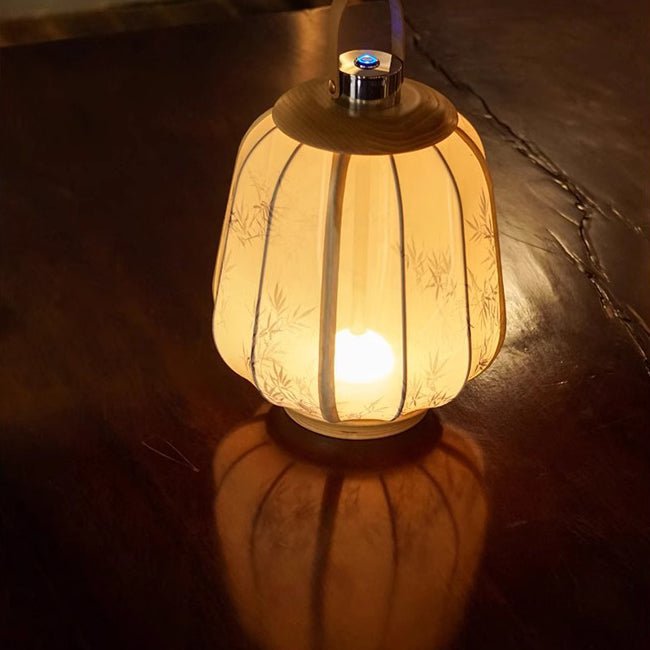 Lampe de table LED en tissu de bois cylindrique chinois traditionnel pour salon 