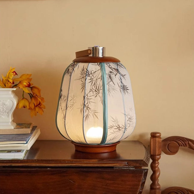Lampe de table LED en tissu de bois cylindrique chinois traditionnel pour salon 