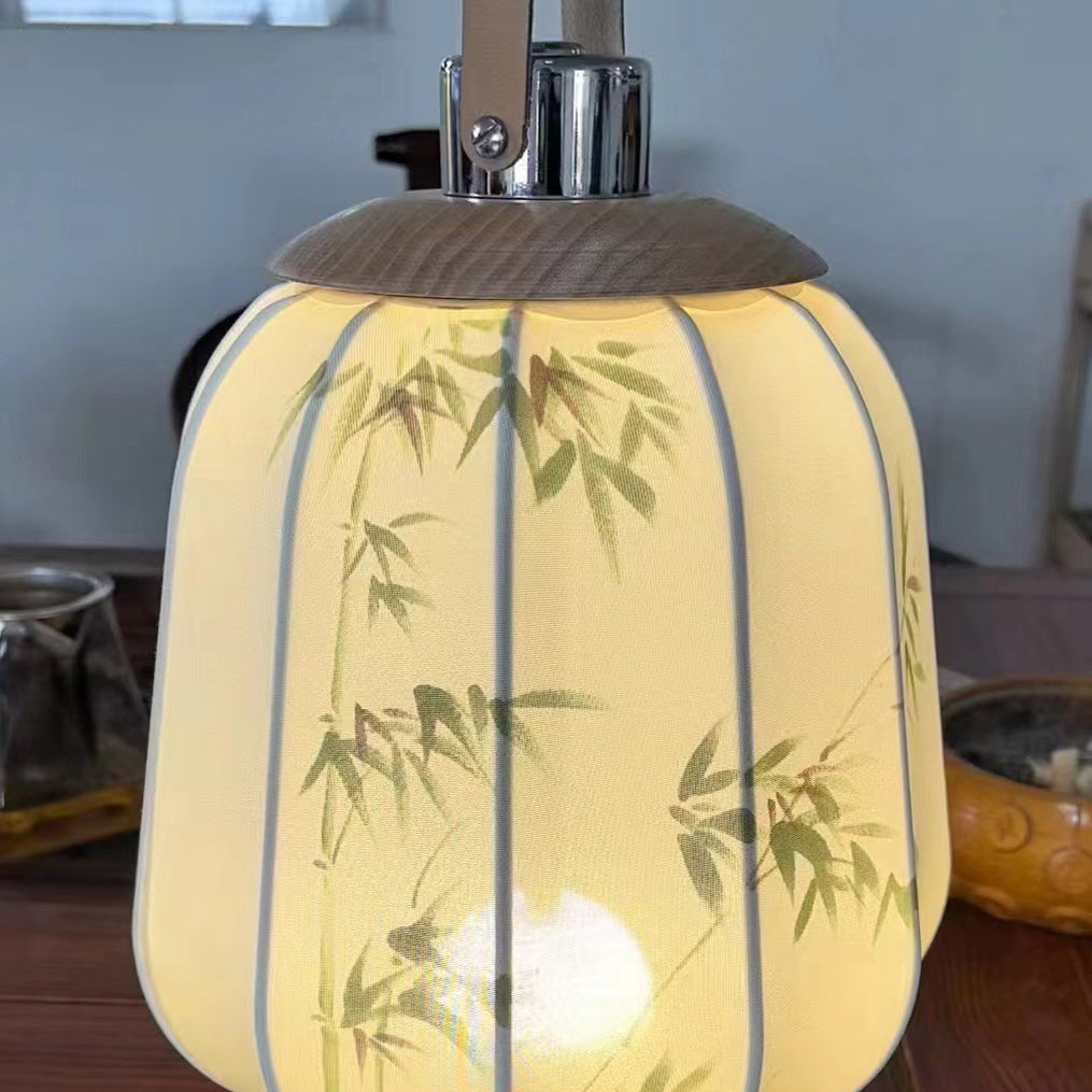 Lampe de table LED en tissu de bois cylindrique chinois traditionnel pour salon 