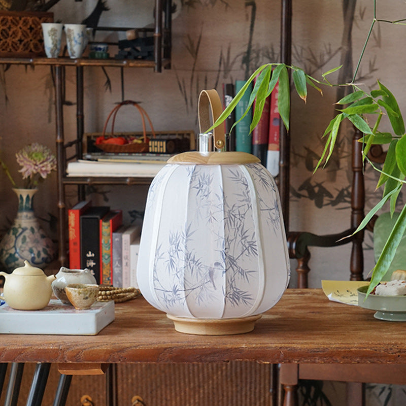 Lampe de table LED en tissu de bois cylindrique chinois traditionnel pour salon 