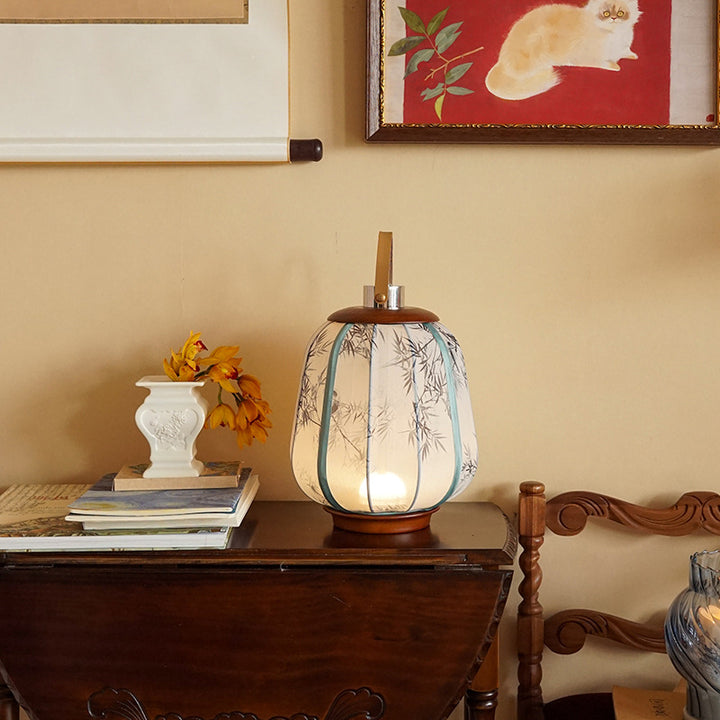 Lampe de table LED en tissu de bois cylindrique chinois traditionnel pour salon 