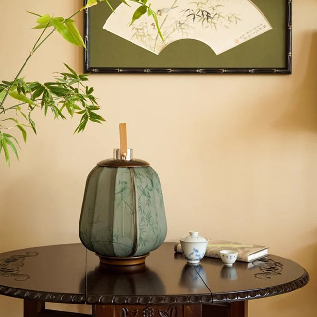 Lampe de table LED en tissu de bois cylindrique chinois traditionnel pour salon 