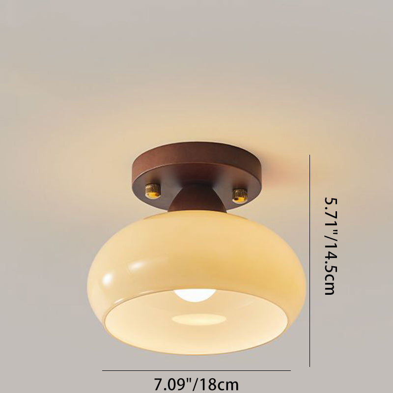 Traditional Vintage Dome Iron Wood Glass 1-Light Semi-Flush Mount Ceiling Light For Living Room