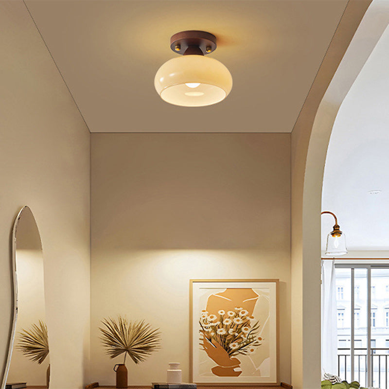 Traditional Vintage Dome Iron Wood Glass 1-Light Semi-Flush Mount Ceiling Light For Living Room