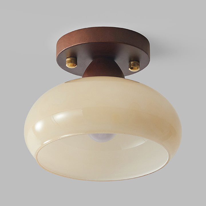 Traditional Vintage Dome Iron Wood Glass 1-Light Semi-Flush Mount Ceiling Light For Living Room