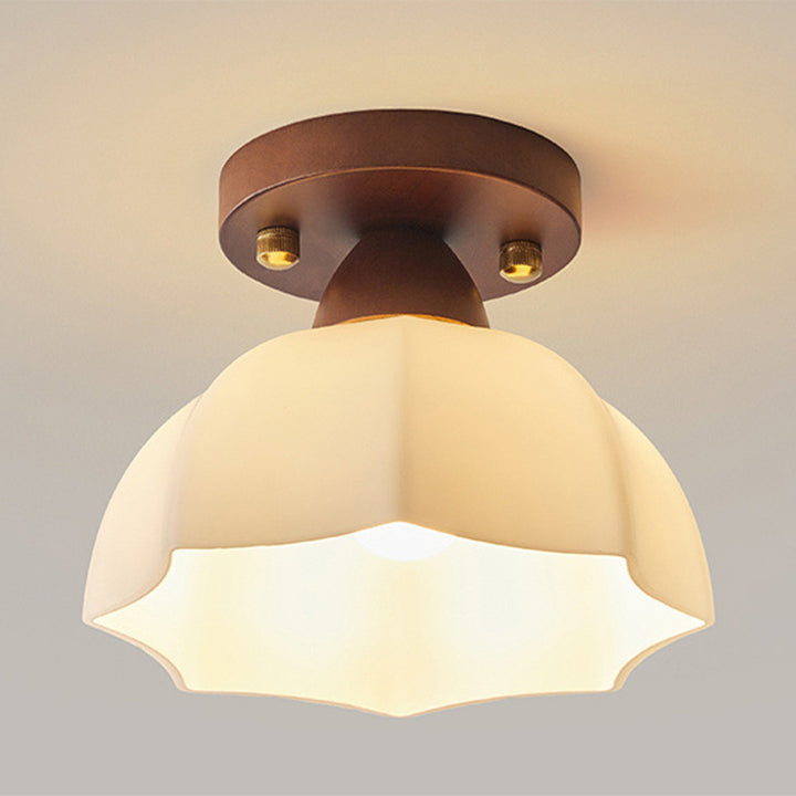 Traditional Vintage Dome Iron Wood Glass 1-Light Semi-Flush Mount Ceiling Light For Living Room