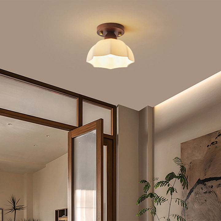 Traditional Vintage Dome Iron Wood Glass 1-Light Semi-Flush Mount Ceiling Light For Living Room