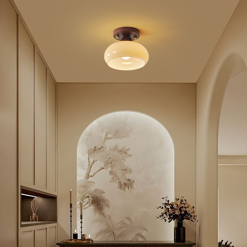 Traditional Vintage Dome Iron Wood Glass 1-Light Semi-Flush Mount