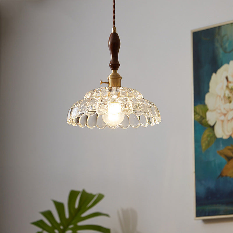 Contemporary Nordic Round Iron Wood Glass 1-Light Pendant Light For Living Room