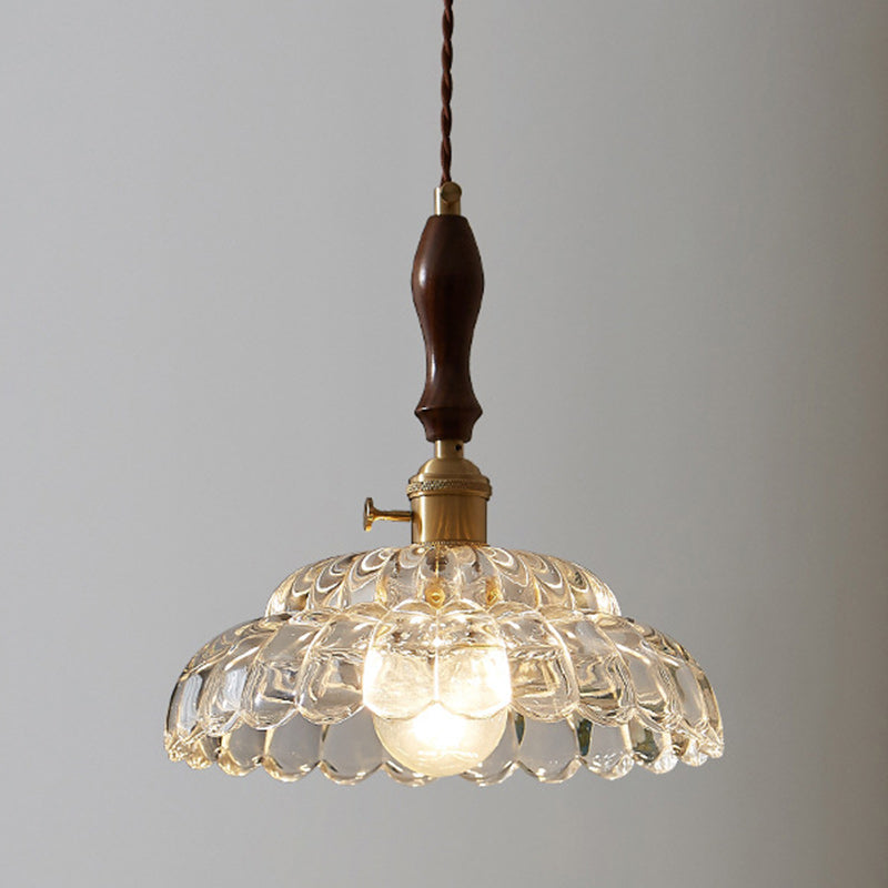 Contemporary Nordic Round Iron Wood Glass 1-Light Pendant Light For Living Room