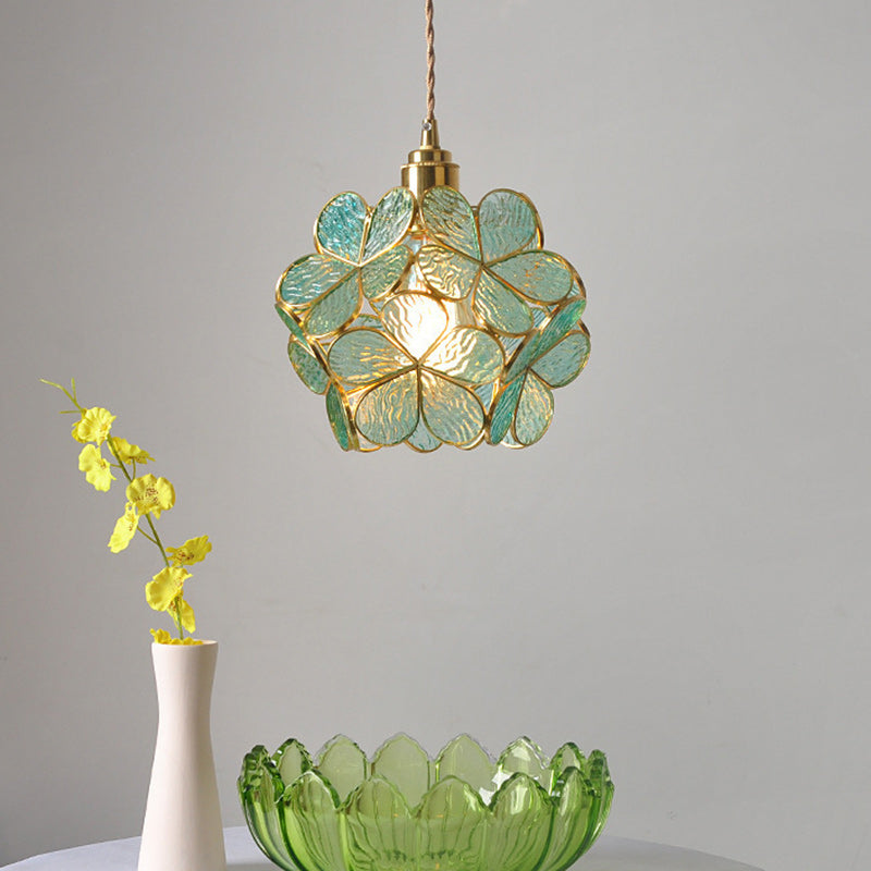 Contemporary Nordic Flower Copper Glass 1-Light Pendant Light For Living Room