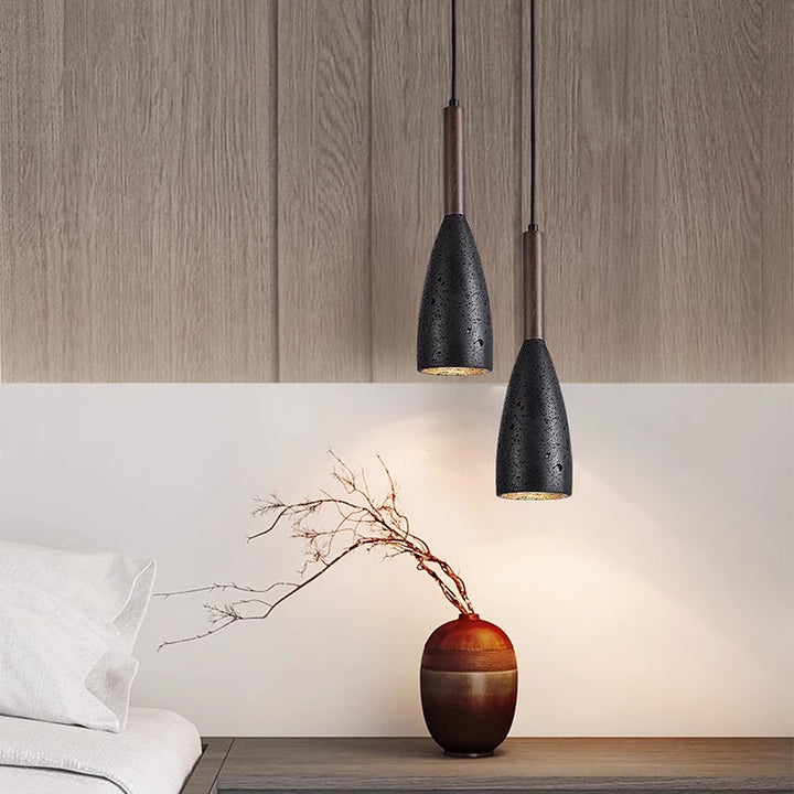 Lámpara colgante de 1 luz de columna tradicional japonesa de madera y piedra para sala de estar 