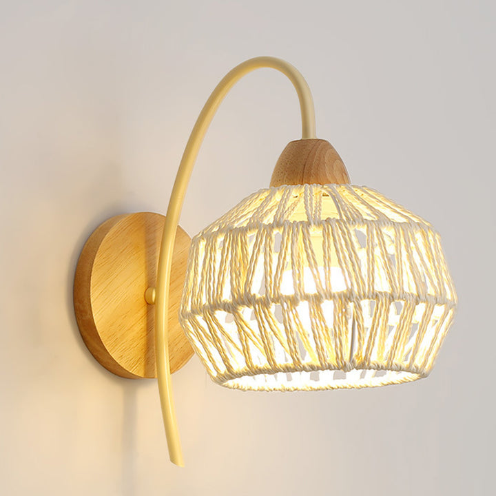 Traditional Japanese Drum Iron Wood Rattan 1-Light Wall Sconce Lamp For Living Room