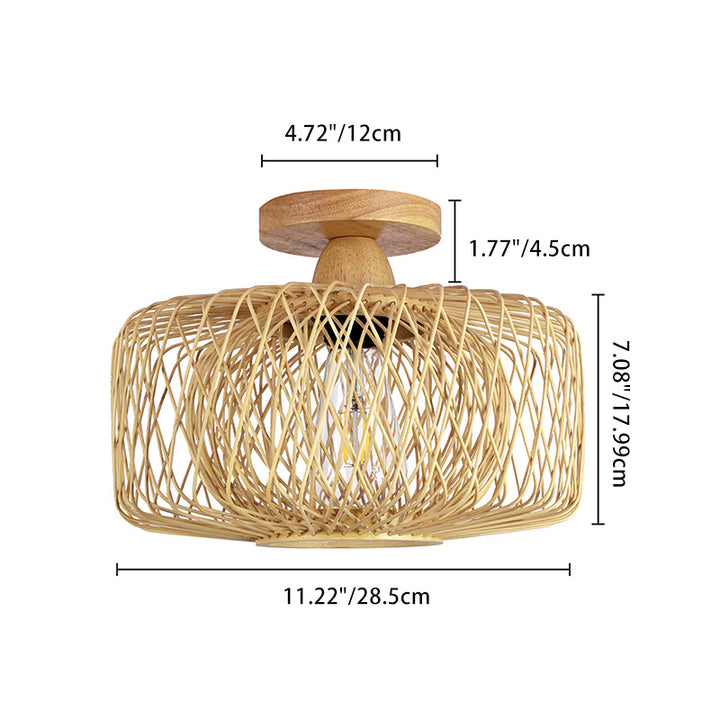 Traditionelle chinesische runde Holz-Rattan-Deckenleuchte mit 1 Licht, halbbündige Montage für Wohnzimmer 