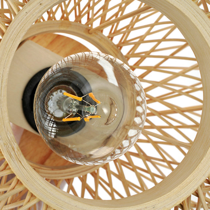 Traditionelle chinesische runde Holz-Rattan-Deckenleuchte mit 1 Licht, halbbündige Montage für Wohnzimmer 