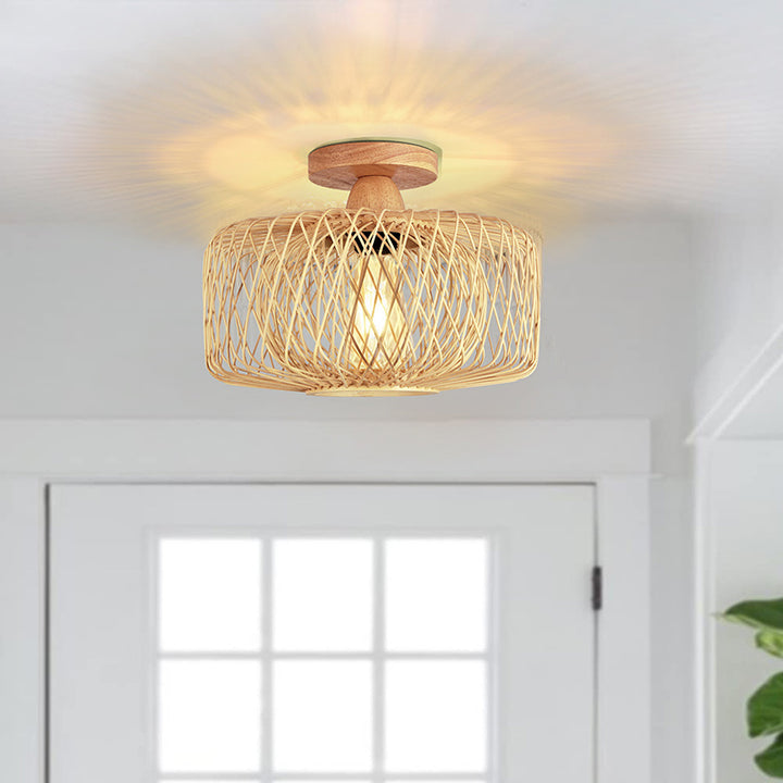 Traditionelle chinesische runde Holz-Rattan-Deckenleuchte mit 1 Licht, halbbündige Montage für Wohnzimmer 