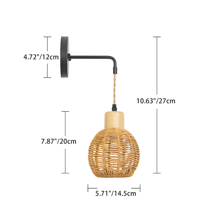 Traditionelle japanische ovale Wandleuchte aus Eisen, Holz und Rattan mit 1 Licht für Wohnzimmer 