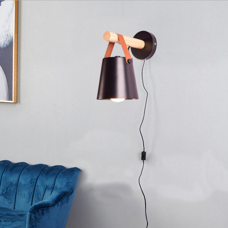 Lámpara de Aplique de Pared de 1 Luz de Madera y Hierro Nórdico Contemporáneo para Sala de Estar 