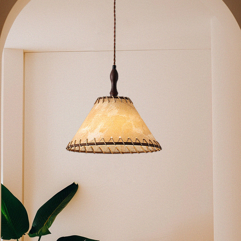Lámpara colgante contemporánea nórdica de tambor de hierro y madera con tela de 1 luz para sala de estar 