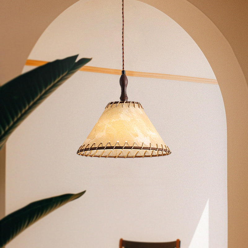 Lámpara colgante contemporánea nórdica de tambor de hierro y madera con tela de 1 luz para sala de estar 