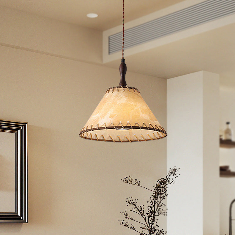 Lámpara colgante contemporánea nórdica de tambor de hierro y madera con tela de 1 luz para sala de estar 