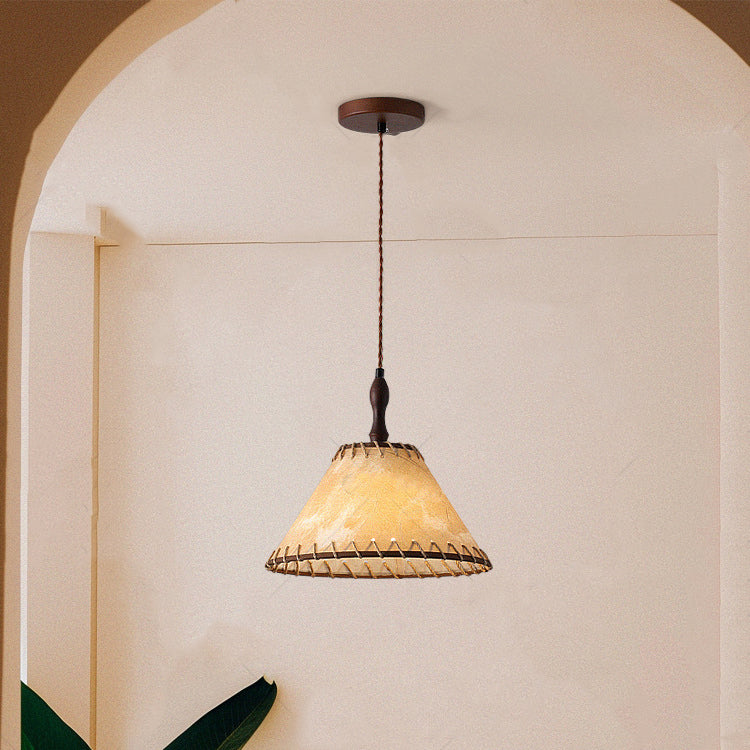 Lámpara colgante contemporánea nórdica de tambor de hierro y madera con tela de 1 luz para sala de estar 