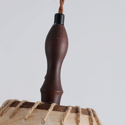 Lámpara colgante contemporánea nórdica de tambor de hierro y madera con tela de 1 luz para sala de estar 