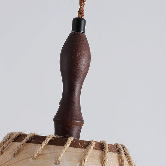 Lámpara colgante contemporánea nórdica de tambor de hierro y madera con tela de 1 luz para sala de estar 