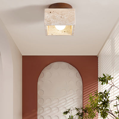 Plafonnier semi-encastré 1 lumière en bois, pierre carrée ronde japonaise traditionnelle pour salon 