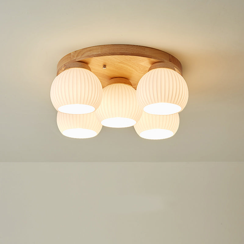 Plafonnier semi-encastré à 5 lumières en bois rond nordique contemporain avec verre pour salon 