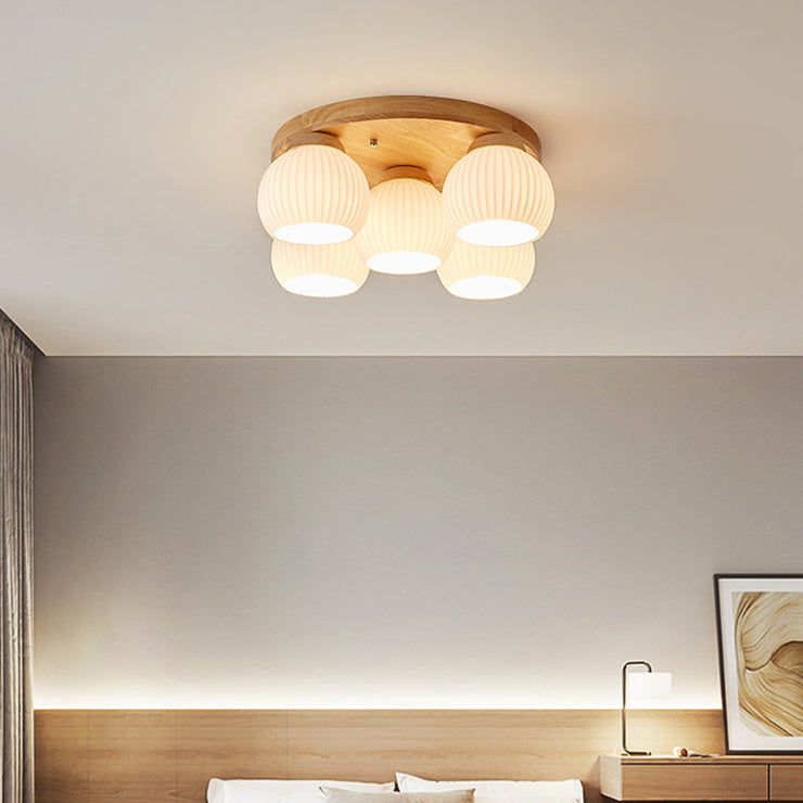 Plafonnier semi-encastré à 5 lumières en bois rond nordique contemporain avec verre pour salon 