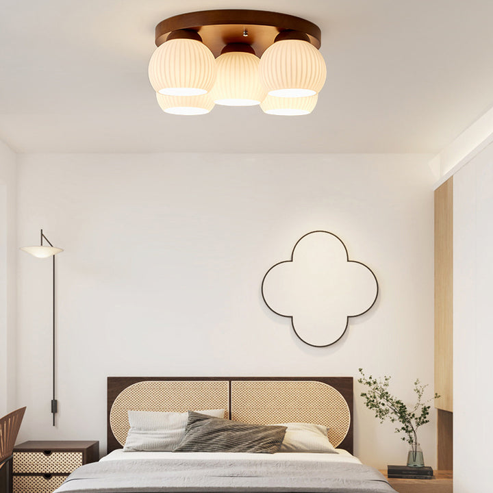 Plafonnier semi-encastré à 5 lumières en bois rond nordique contemporain avec verre pour salon 
