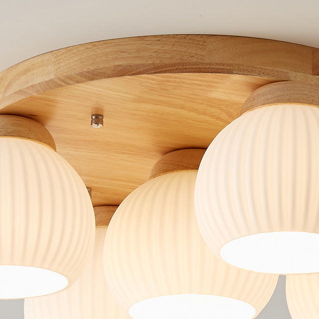 Plafonnier semi-encastré à 5 lumières en bois rond nordique contemporain avec verre pour salon 
