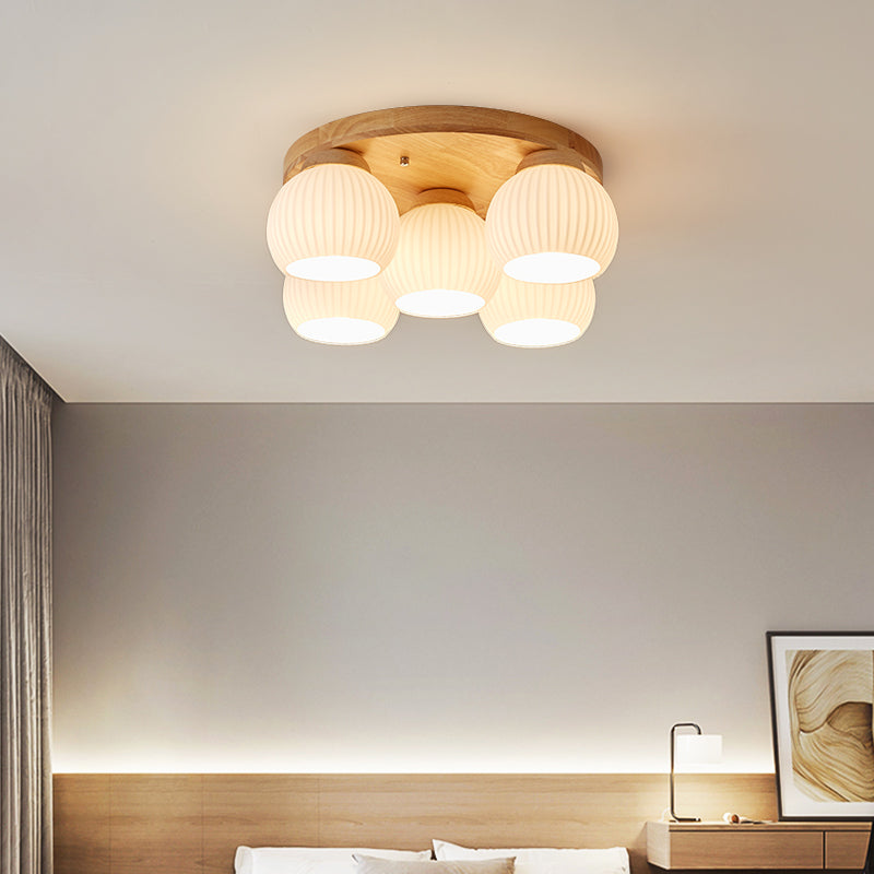 Plafonnier semi-encastré à 5 lumières en bois rond nordique contemporain avec verre pour salon 