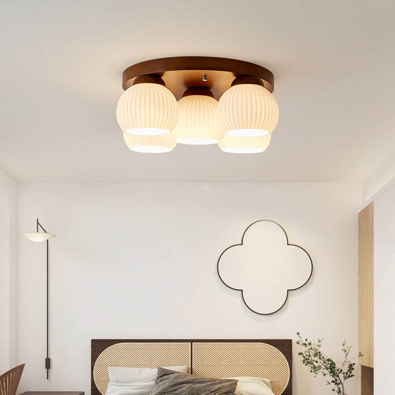 Plafonnier semi-encastré à 5 lumières en bois rond nordique contemporain avec verre pour salon 