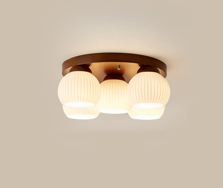 Plafonnier semi-encastré à 5 lumières en bois rond nordique contemporain avec verre pour salon 