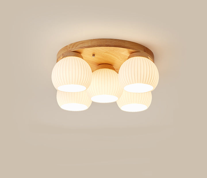 Plafonnier semi-encastré à 5 lumières en bois rond nordique contemporain avec verre pour salon 