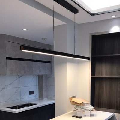 Lustre moderne minimaliste à bandes en aluminium, bois et acrylique LED pour salon 