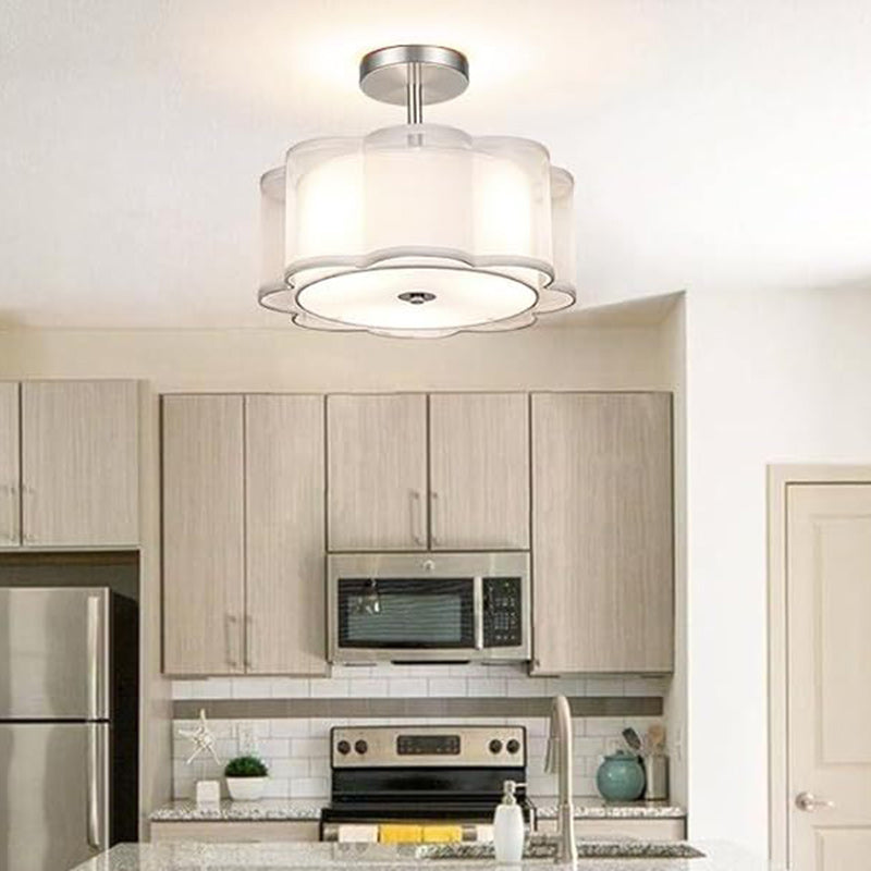 Modern Transitional Flower Iron Fabric 1-Light Semi-Flush Mount Ceiling Light For Living Room