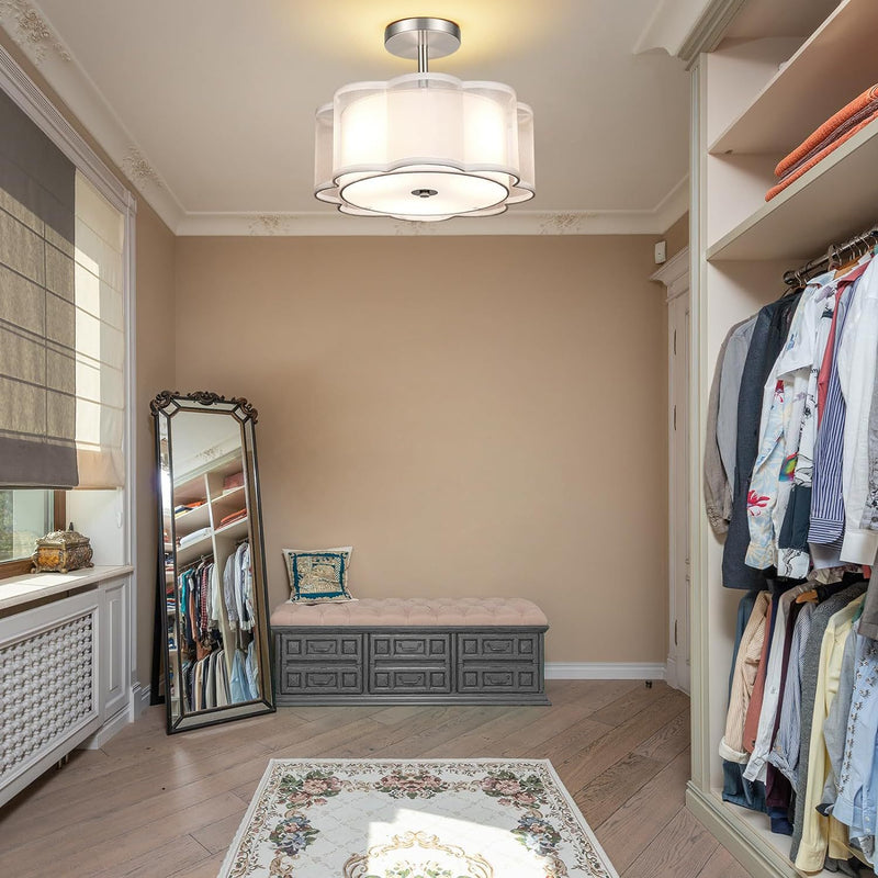 Modern Transitional Flower Iron Fabric 1-Light Semi-Flush Mount Ceiling Light For Living Room