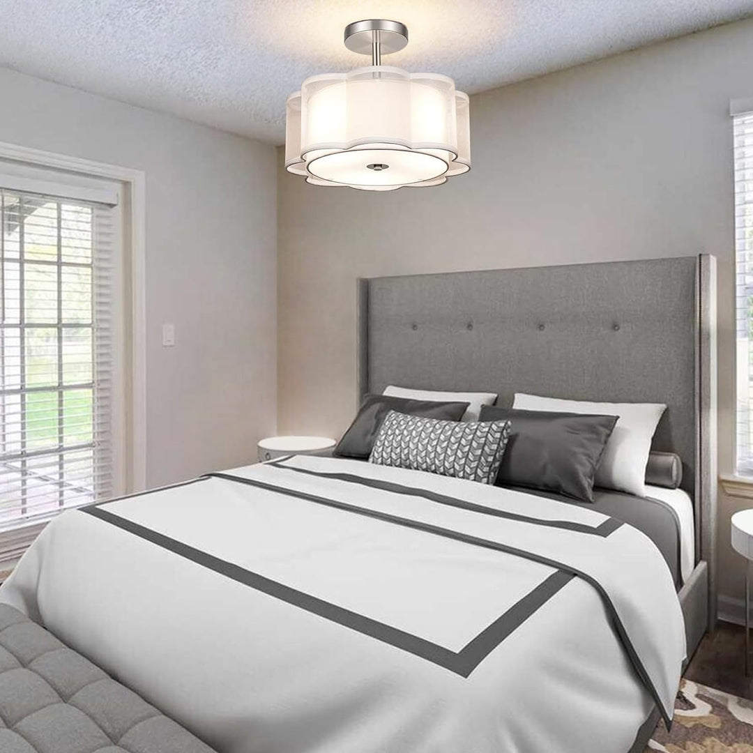 Modern Transitional Flower Iron Fabric 1-Light Semi-Flush Mount Ceiling Light For Living Room
