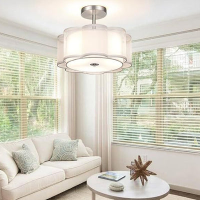 Modern Transitional Flower Iron Fabric 1-Light Semi-Flush Mount Ceiling Light For Living Room