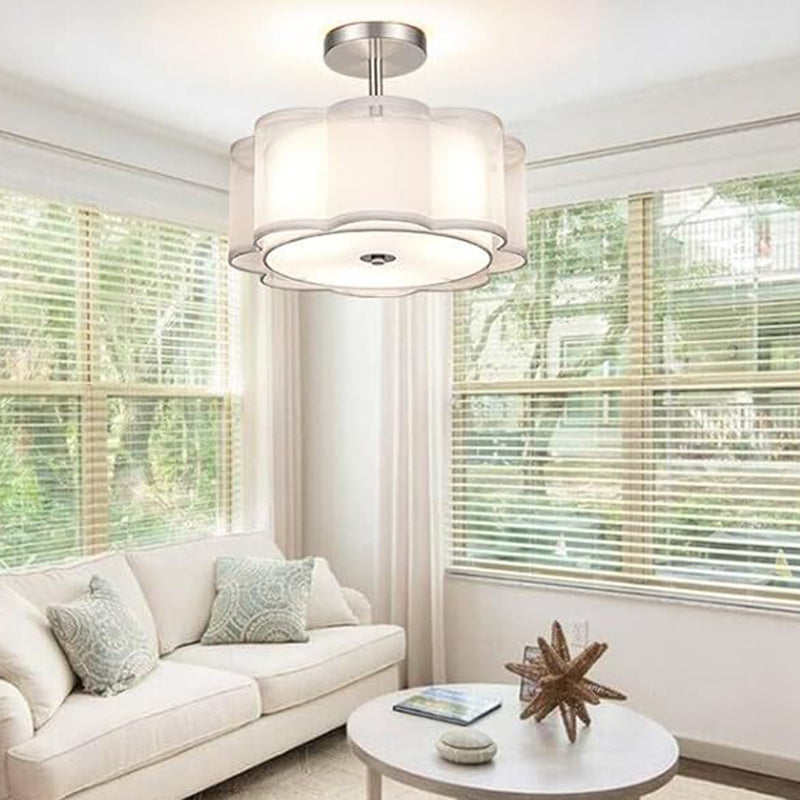 Modern Transitional Flower Iron Fabric 1-Light Semi-Flush Mount Ceiling Light For Living Room