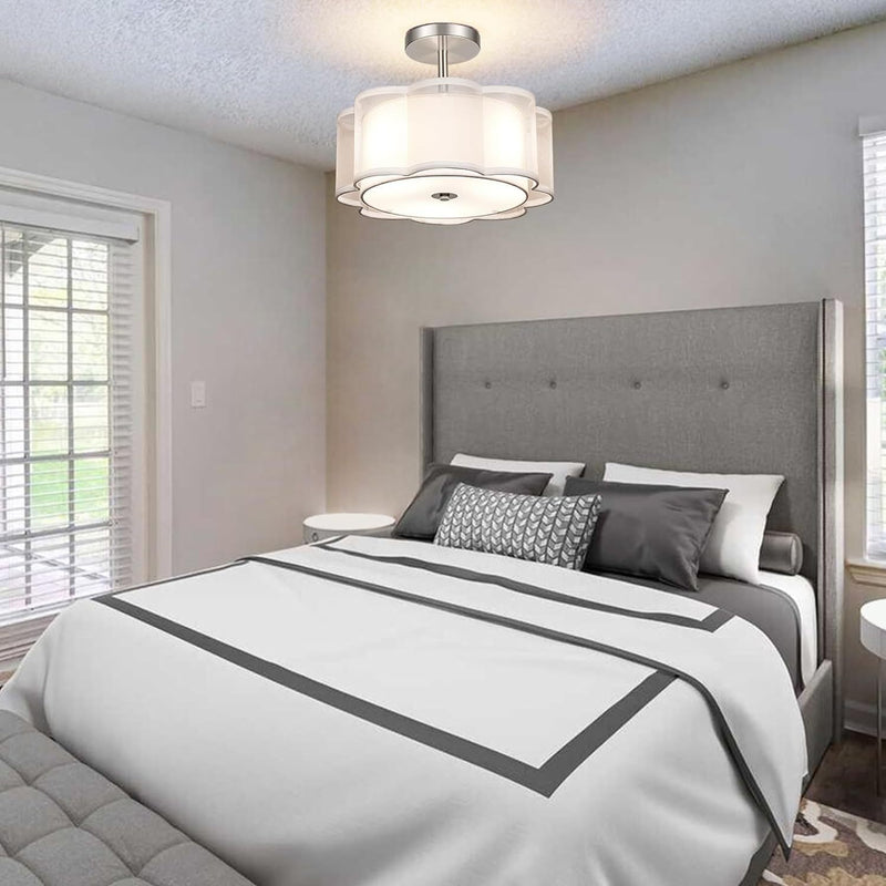 Modern Transitional Flower Iron Fabric 1-Light Semi-Flush Mount Ceiling Light For Living Room