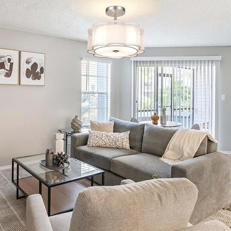 Modern Transitional Flower Iron Fabric 1-Light Semi-Flush Mount Ceiling Light For Living Room